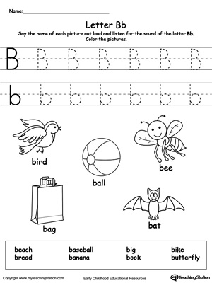 Preschool learning letter sounds printable activity worksheets. Encourage your child to learn letter sounds by practicing saying the name of the picture and tracing the uppercase and lowercase letter B in this printable worksheet.