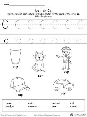 Preschool learning letter sounds printable activity worksheets. Encourage your child to learn letter sounds by practicing saying the name of the picture and tracing the uppercase and lowercase letter C in this printable worksheet.