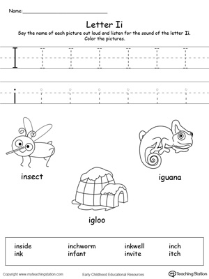 Preschool learning letter sounds printable activity worksheets. Encourage your child to learn letter sounds by practicing saying the name of the picture and tracing the uppercase and lowercase letter I in this printable worksheet.