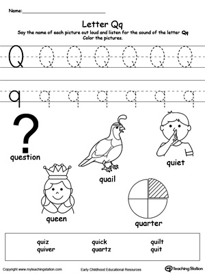 Preschool learning letter sounds printable activity worksheets. Encourage your child to learn letter sounds by practicing saying the name of the picture and tracing the uppercase and lowercase letter Q in this printable worksheet.