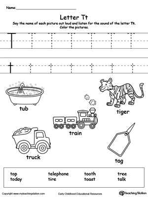 Preschool learning letter sounds printable activity worksheets. Encourage your child to learn letter sounds by practicing saying the name of the picture and tracing the uppercase and lowercase letter T in this printable worksheet.
