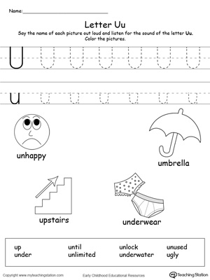 Preschool learning letter sounds printable activity worksheets. Encourage your child to learn letter sounds by practicing saying the name of the picture and tracing the uppercase and lowercase letter U in this printable worksheet.