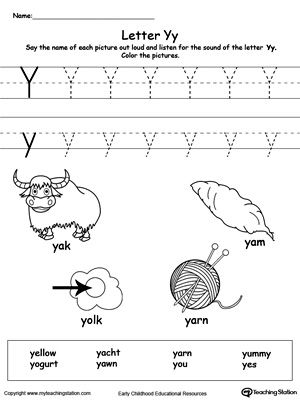 Practice saying the name of the picture and tracing the uppercase and lowercase letter Y in this printable worksheet.