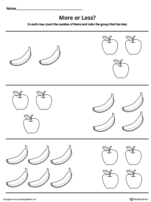 Count More or Less Worksheet to practice counting numbers and determining which number is lower.