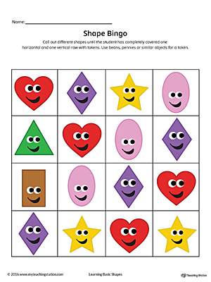 Geometric Shape Bingo Printable Card: Heart, Diamond, Oval, Rectangle, Star (Color)