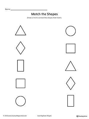 Match the geometric shapes: square, circle, triangle, rectangle, and diamond with this printable worksheet.