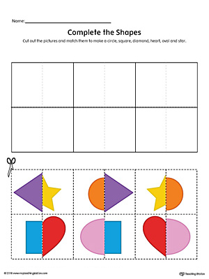 Match Shapes Cut and Paste: Diamond, Star, Square, Heart, Oval, Circle