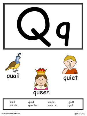 Recognize the letters and sounds at the beginning of words with Letter Q Printable Alphabet Flash Cards.