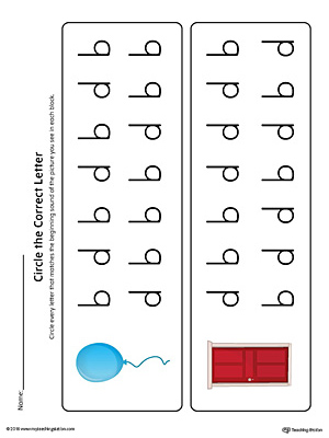 b-d Letter Reversal: Match Beginning Sound Worksheet in Color