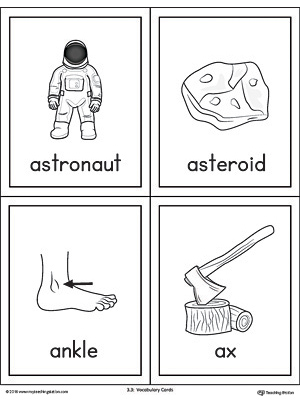 Letter A Words and Pictures Printable Cards: Astronaut, Asteroid, Ankle, Ax
