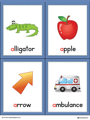 Printable beginning sound vocabulary cards for letter A, includes the words alligator, apple, arrow, and ambulance.