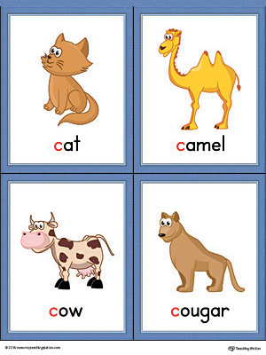 Letter C Words and Pictures Printable Cards: Cat, Camel, Cow, Cougar ...