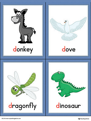 letter d words and pictures printable cards donkey dove dragonfly