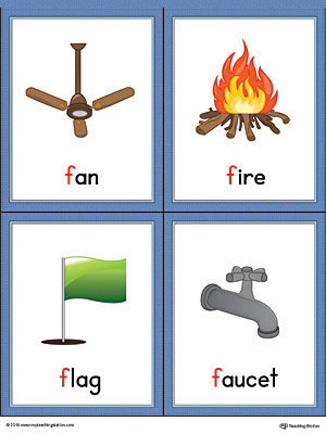 Letter F Words and Pictures Printable Cards: Fan, Fire, Flag, Faucet (Color)