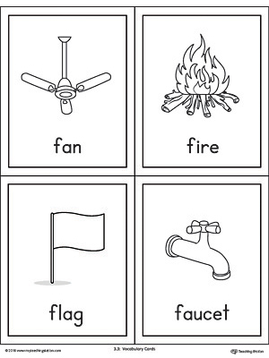 Letter F Words and Pictures Printable Cards: Fan, Fire, Flag, Faucet