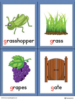 Letter G Words and Pictures Printable Cards: Grasshopper, Grass, Grapes