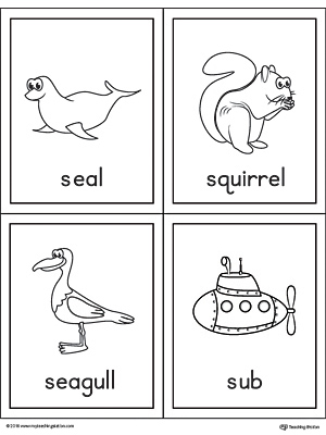 Download Letter S Words and Pictures Printable Cards: Seal, Squirrel, Seagull, Sub | MyTeachingStation.com