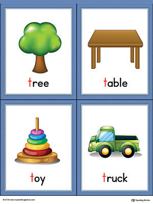 Letter T Words and Pictures Printable Cards: Tree, Table, Toy, Truck (Color)