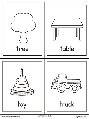 Letter T Words and Pictures Printable Cards: Tree, Table, Toy, Truck