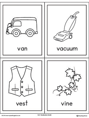 Letter V Words and Pictures Printable Cards: Van, Vacuum, Vest, Vine