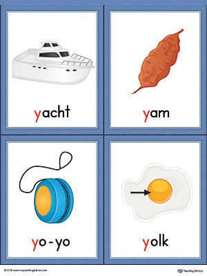 Letter Y Words and Pictures Printable Cards: Yacht, Yam, Yo-Yo, Yolk