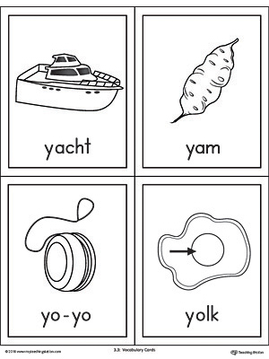 Letter Y Words and Pictures Printable Cards: Yacht, Yam, Yo-Yo, Yolk