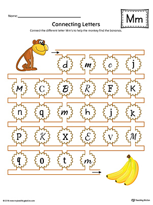 This kindergarten worksheet helps students find and connect letters to practice identifying the different letter M styles.