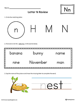 Learning the Letter N Worksheet (Color)
