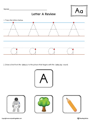 Use the Letter A Review in Color worksheet to help your student practice tracing and the beginning sound of the letter A.