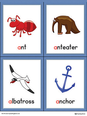 Printable beginning sound vocabulary cards for letter A, includes the words ant, anteater, albatross, and anchor.