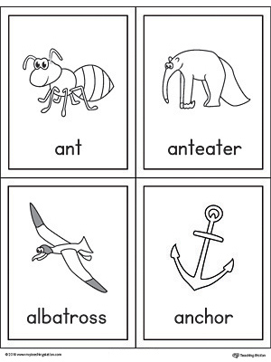 Letter A Words and Pictures Printable Cards: Ant, Anteater, Albatross, Anchor