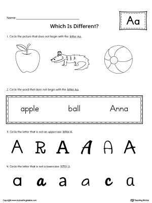Use the Letter A Which is Different to practice identifying the uppercase and lowercase letter A and it