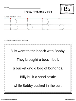 Letter B Trace, Find and Circle Printable Worksheet