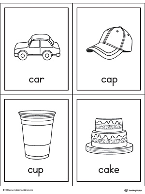 Letter C Words and Pictures Printable Cards: Car, Cap, Cup, Cake