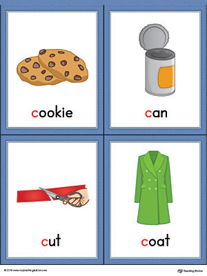 Printable Beginning sound vocabulary cards for letter C includes the words cookie, can, cut, and coat.