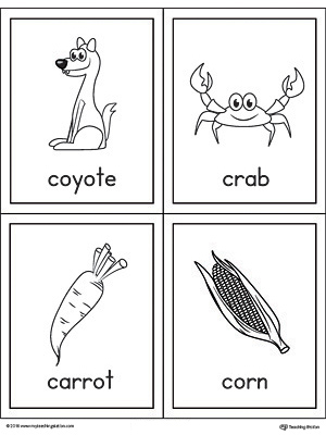 Letter C Words and Pictures Printable Cards: Coyote, Crab, Carrot, Corn