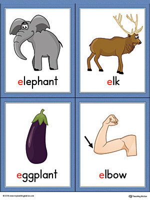 letter e words and pictures printable cards elephant elk eggplant