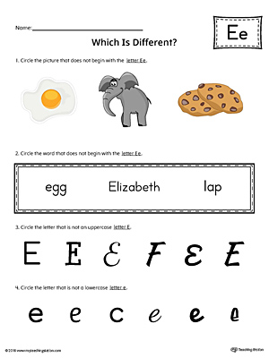 Use the Letter E Which is Different in Color to practice identifying the uppercase and lowercase letter E and it