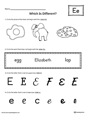 Use the Letter E Which is Different to practice identifying the uppercase and lowercase letter E and it