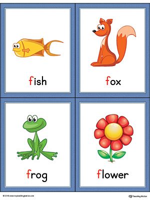 Letter F Words and Pictures Printable Cards: Fish, Fox, Frog, Flower (Color)