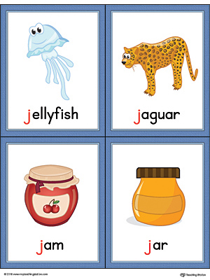 Letter J Words and Pictures Printable Cards: Jellyfish, Jaguar, Jam