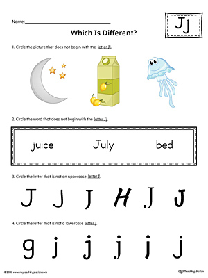Use the Letter J Which is Different in Color to practice identifying the uppercase and lowercase letter J and it