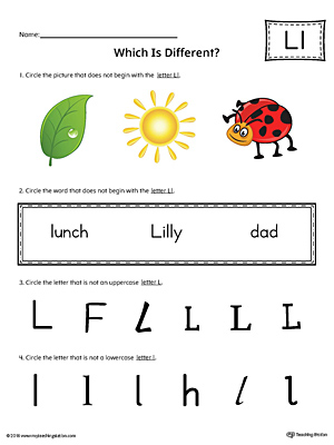 Use the Letter L Which is Different in Color to practice identifying the uppercase and lowercase letter L and it