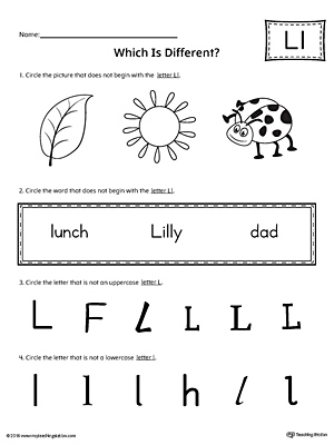 Use the Letter L Which is Different to practice identifying the uppercase and lowercase letter L and it