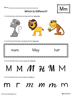 Use the Letter M Which is Different in Color to practice identifying the uppercase and lowercase letter M and it