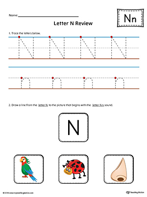 Use the Letter N Review in Color worksheet to help your student practice tracing and the beginning sound of the letter N.