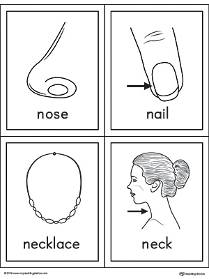 Letter N Words and Pictures Printable Cards: Nose, Nail, Necklace, Neck | MyTeachingStation.com