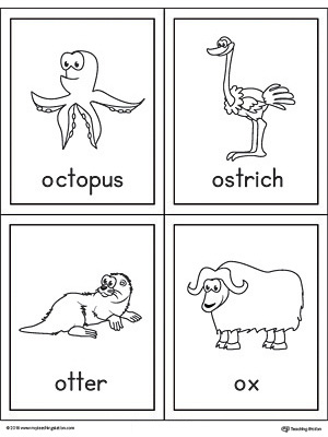 Letter O Words and Pictures Printable Cards: Octopus, Ostrich, Otter