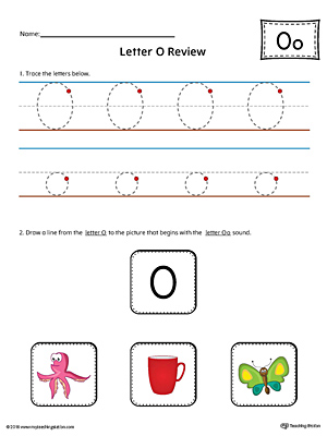 Use the Letter O Review in Color worksheet to help your student practice tracing and the beginning sound of the letter O.