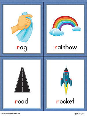 Letter R Words and Pictures Printable Cards: Rain, Rug, Run, Rock